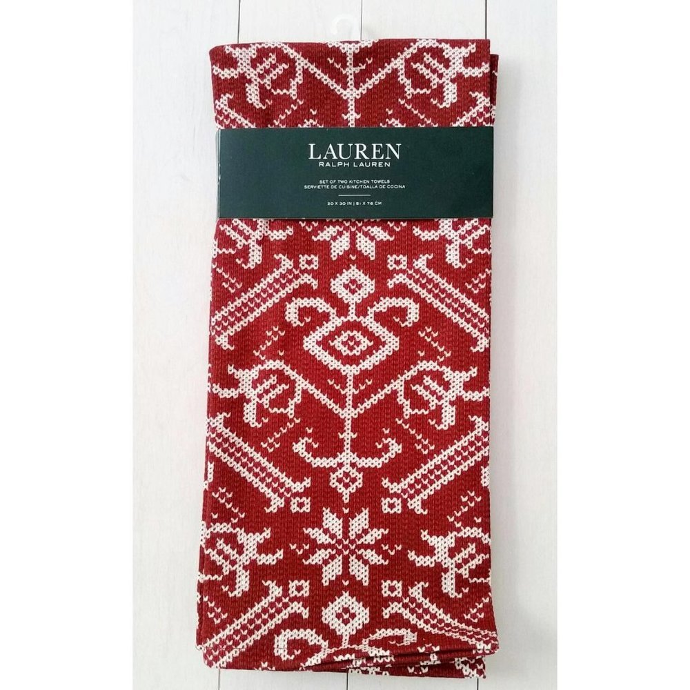 LAUREN Ralph Lauren  Set of 2 KITCHEN TOWELS Holiday 20" x 30" Red / Off White